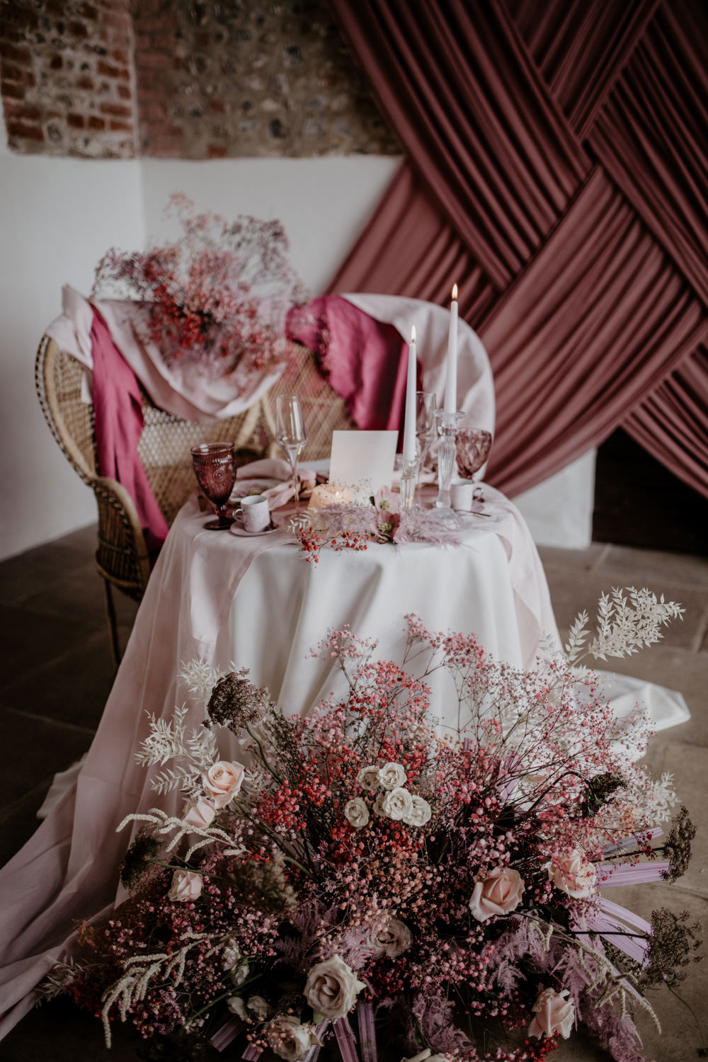 Sweetheart Table Decor Flowers Candles Fabric Napkins Modern Pink Wedding Camilla Andrea