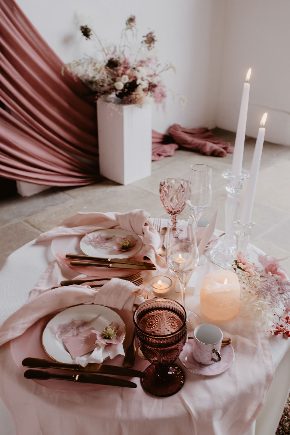 Sweetheart Table Decor Flowers Candles Fabric Napkins Modern Pink Wedding Camilla Andrea
