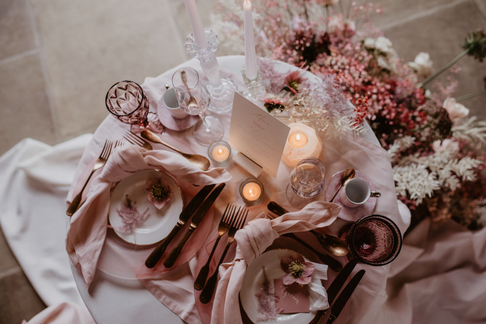Sweetheart Table Decor Flowers Candles Fabric Napkins Modern Pink Wedding Camilla Andrea