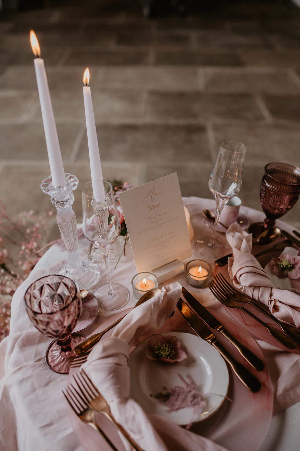 Sweetheart Table Decor Flowers Candles Fabric Napkins Modern Pink Wedding Camilla Andrea