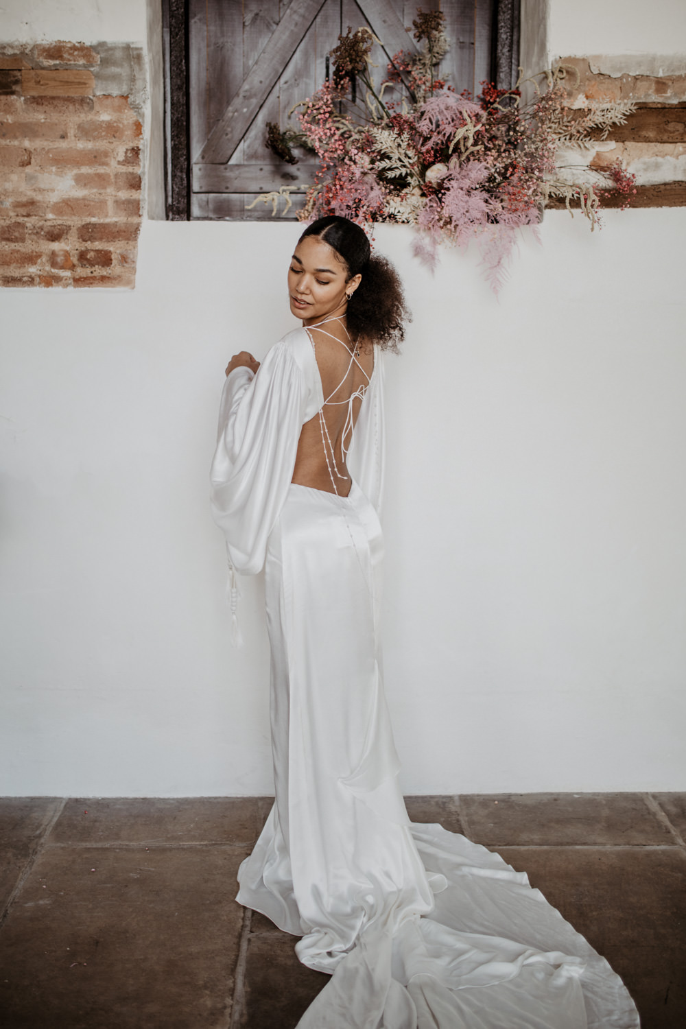 Bride Silk Long Sleeve Open Back Gown Dress Bridal Modern Pink Wedding Camilla Andrea