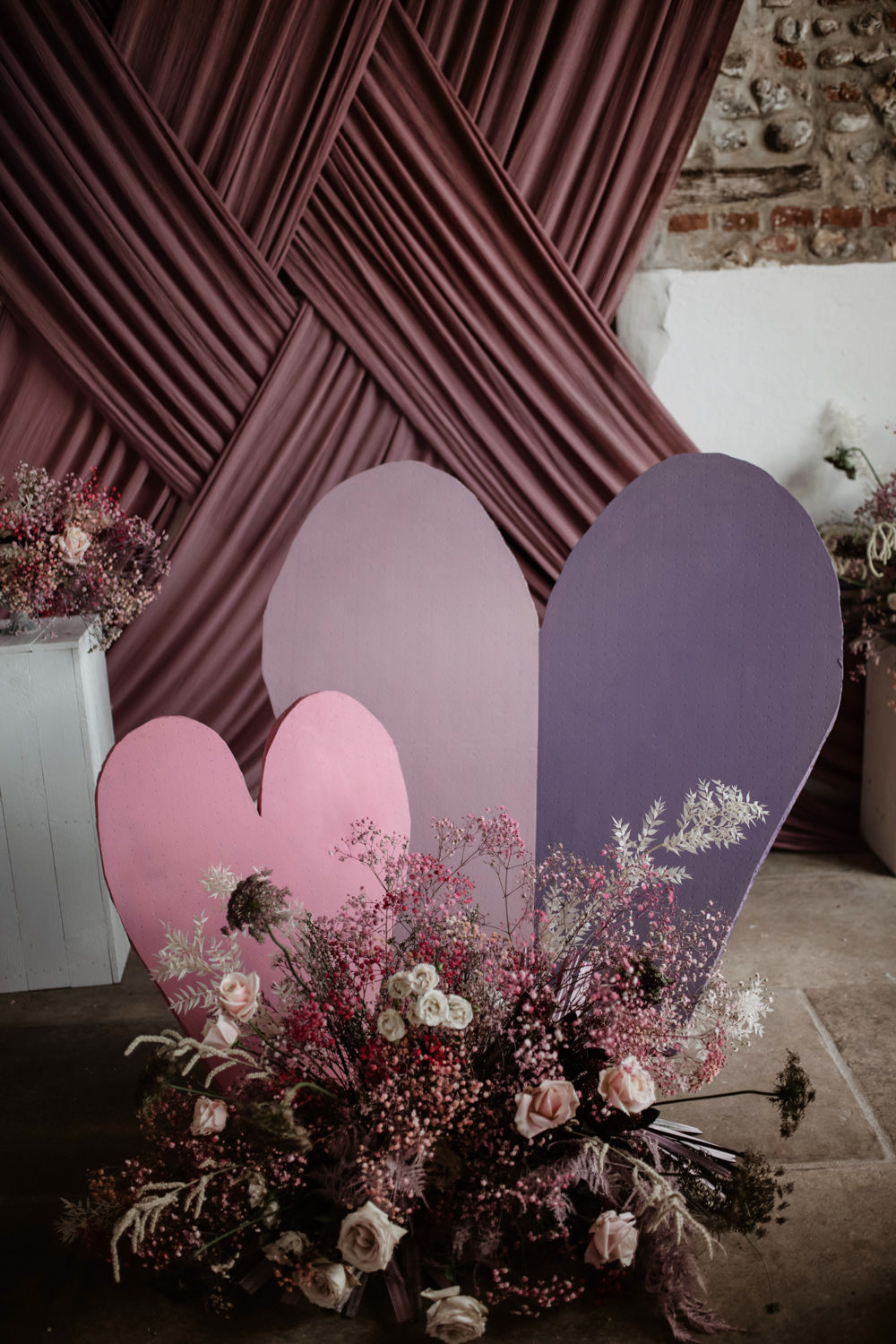 Table Floor Flowers Rose Palm Gypsophila Heart Cut Out Modern Pink Wedding Camilla Andrea