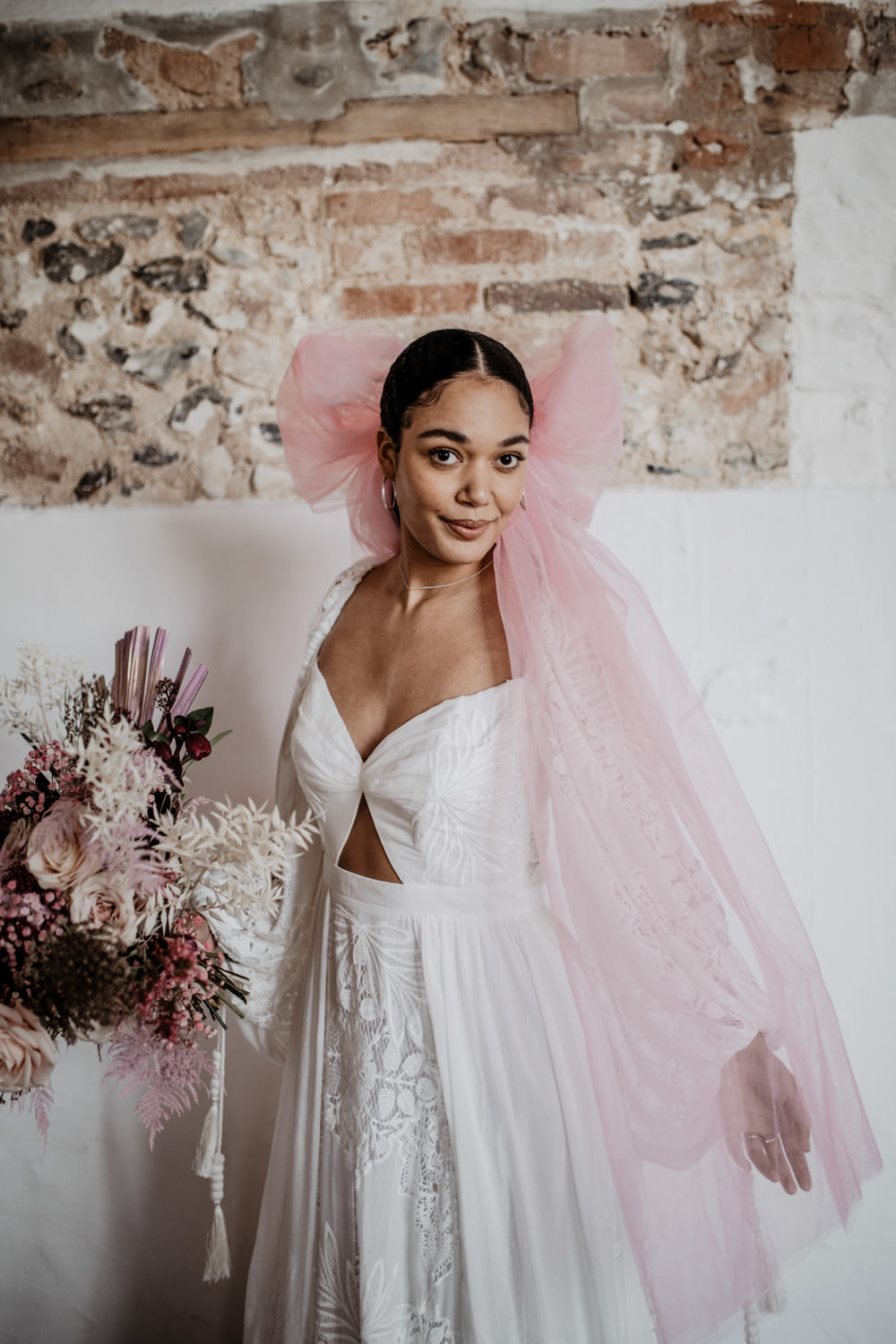 Bride Lace Long Sleeve Open Back Gown Dress Bridal Bow Veil Modern Pink Wedding Camilla Andrea