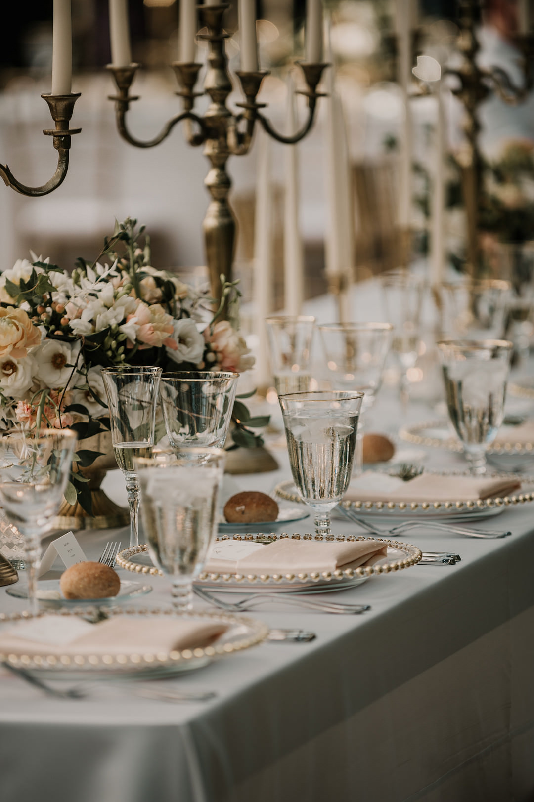 Long Tables Blue Cloth Candelabra Blush Flowers Gold Decor Planterra Conservatory Wedding Yana B Photographer