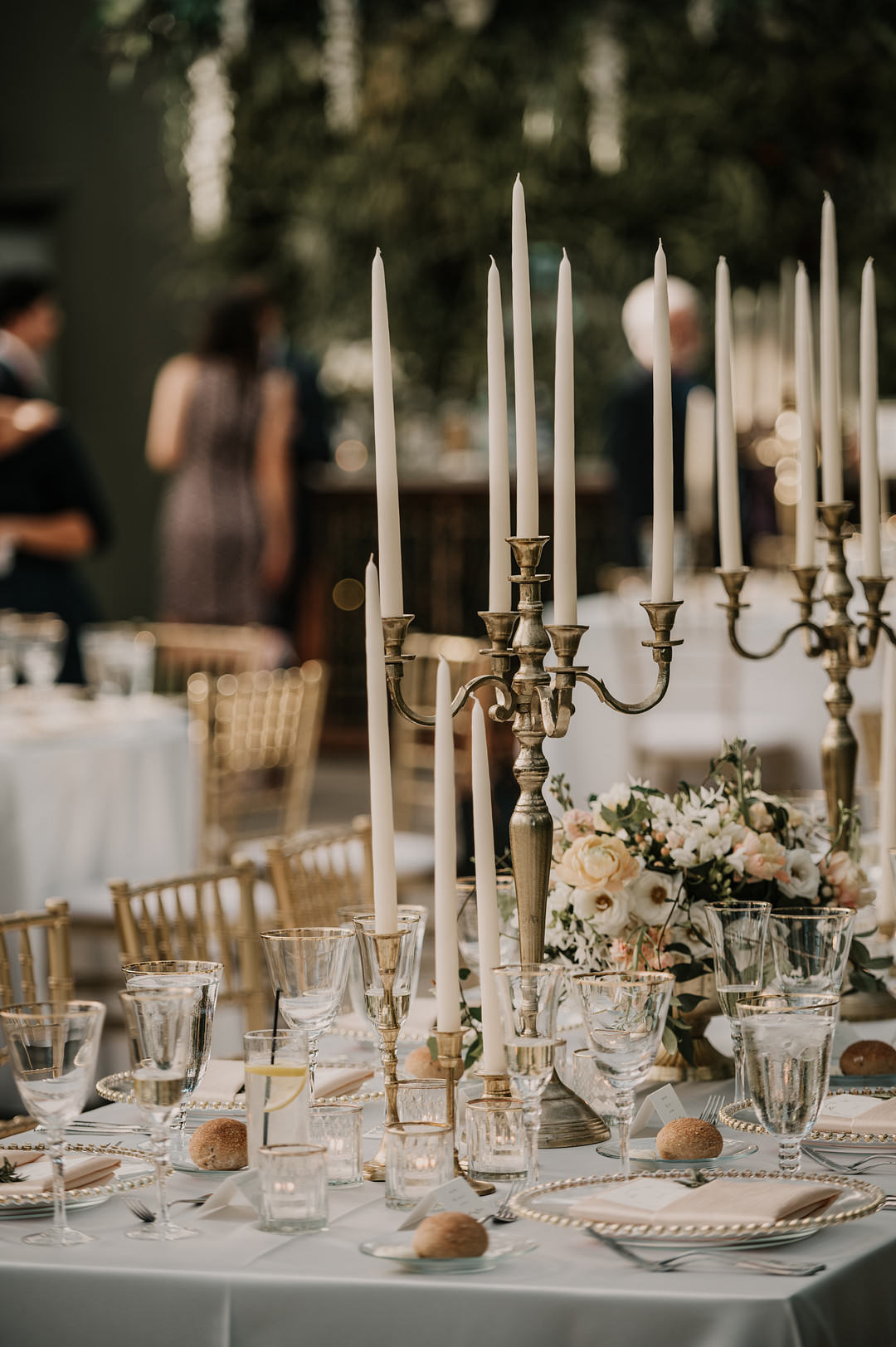 Long Tables Blue Cloth Candelabra Blush Flowers Gold Decor Planterra Conservatory Wedding Yana B Photographer