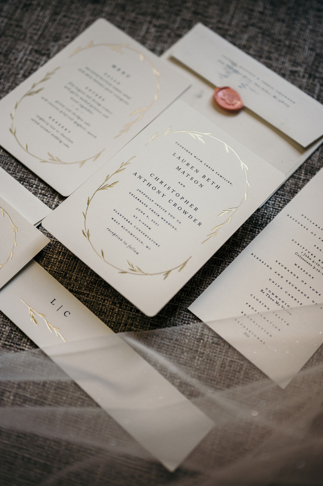 Stationery Invite Gold Leaf Planterra Conservatory Wedding Yana B Photographer