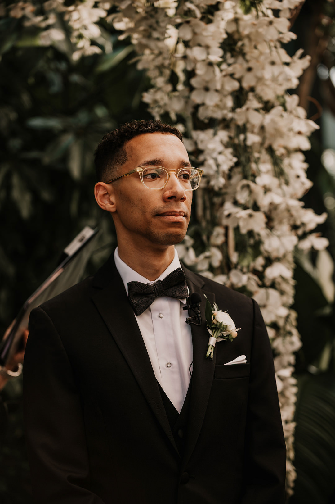 Groom Black Tuxedo Bow Tie Planterra Conservatory Wedding Yana B Photographer