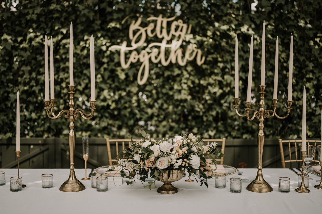 Long Tables Blue Cloth Candelabra Blush Flowers Gold Decor Planterra Conservatory Wedding Yana B Photographer