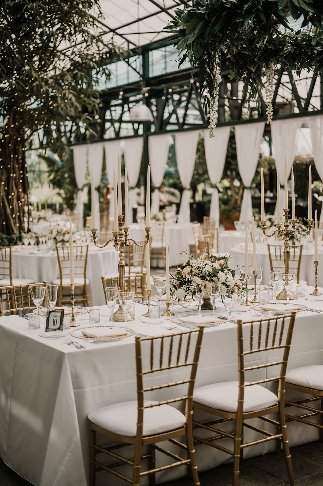Long Tables Blue Cloth Candelabra Blush Flowers Gold Decor Planterra Conservatory Wedding Yana B Photographer