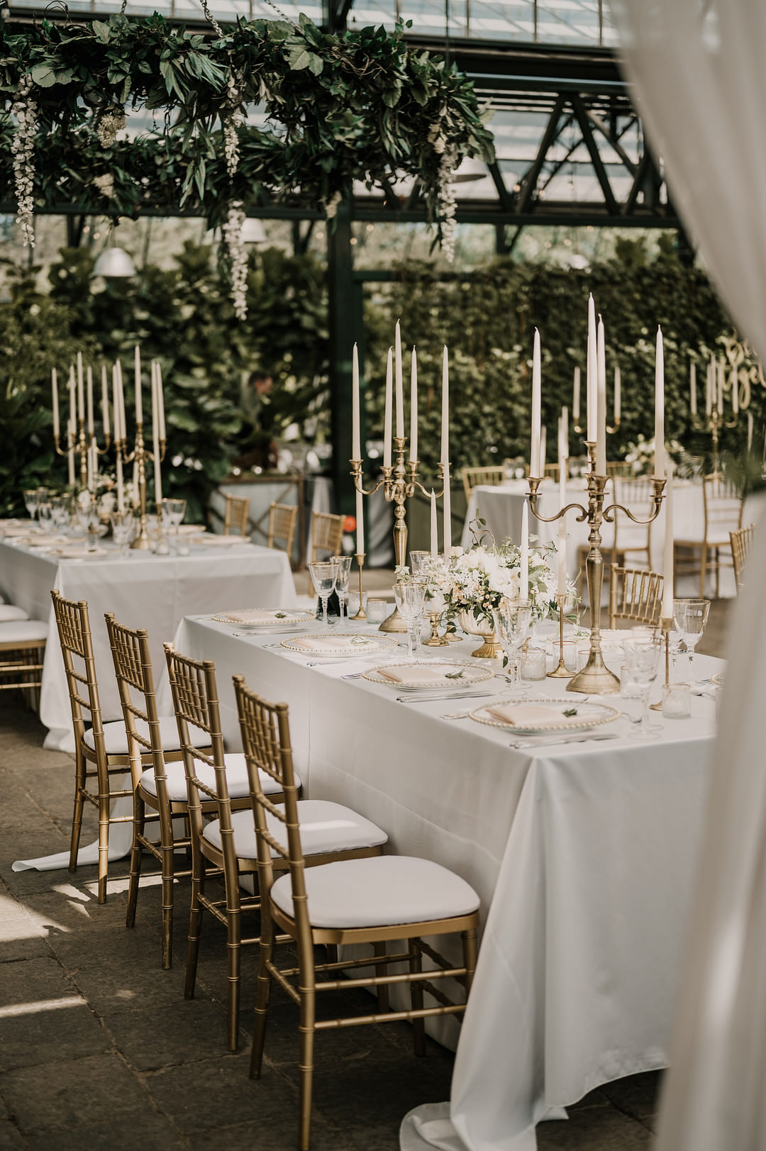Long Tables Blue Cloth Candelabra Blush Flowers Gold Decor Planterra Conservatory Wedding Yana B Photographer