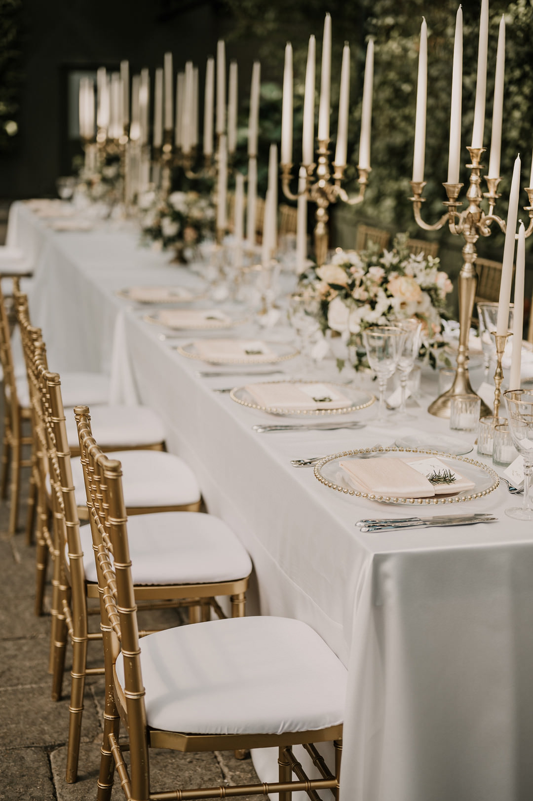 Long Tables Blue Cloth Candelabra Blush Flowers Gold Decor Planterra Conservatory Wedding Yana B Photographer