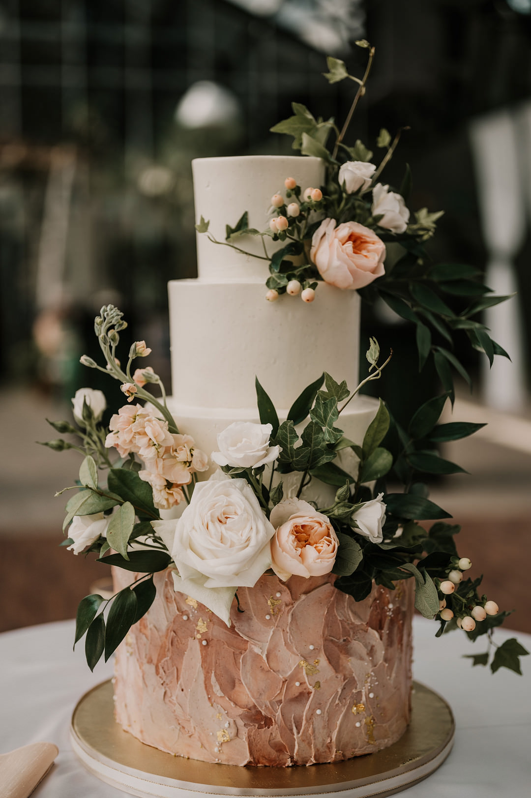 Three Tier Cake Pink Flowers Greenery Planterra Conservatory Wedding Yana B Photographer
