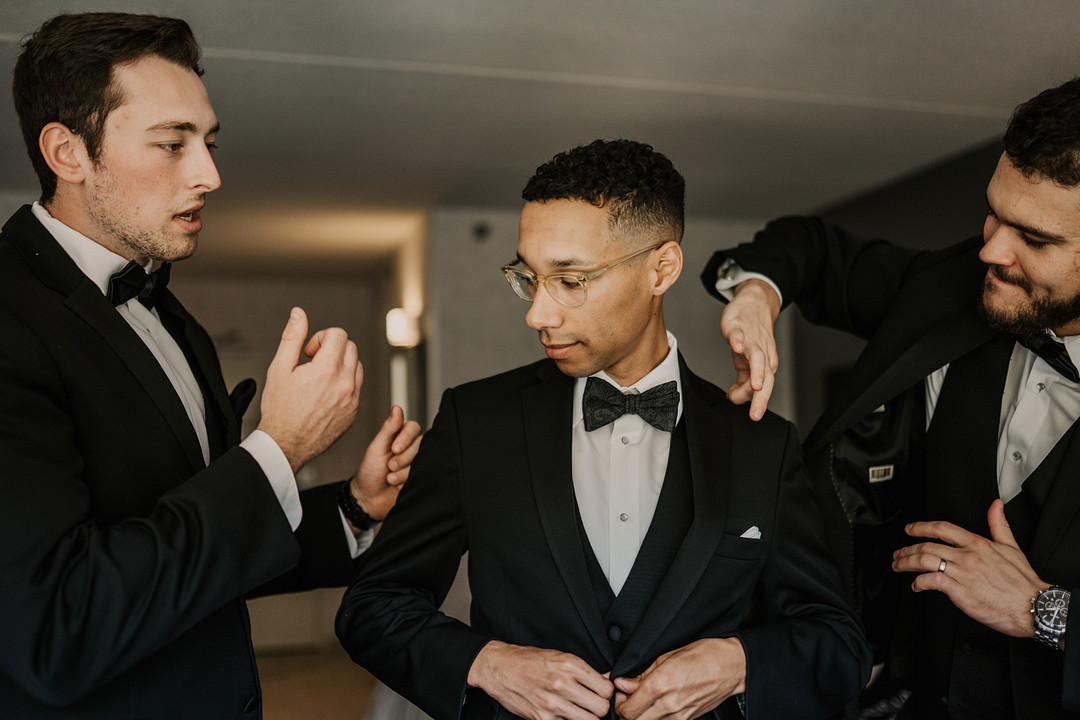 Groom Black Tuxedo Bow Tie Planterra Conservatory Wedding Yana B Photographer