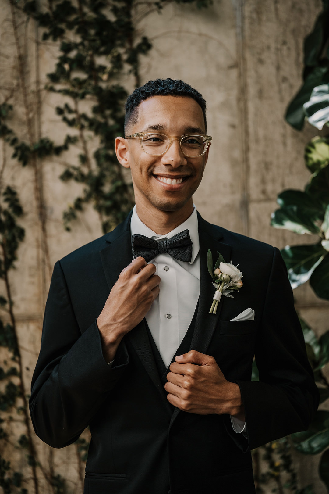 Groom Black Tuxedo Bow Tie Planterra Conservatory Wedding Yana B Photographer