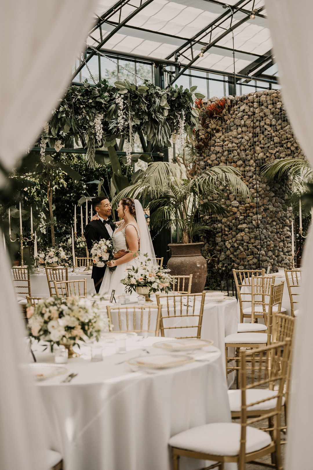 Long Tables Blue Cloth Candelabra Blush Flowers Gold Decor Planterra Conservatory Wedding Yana B Photographer