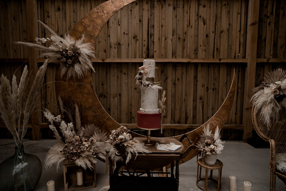 Moon Crescent Backdrop Cake Decor Waterside Country Barn Wedding Agrestal Visuals