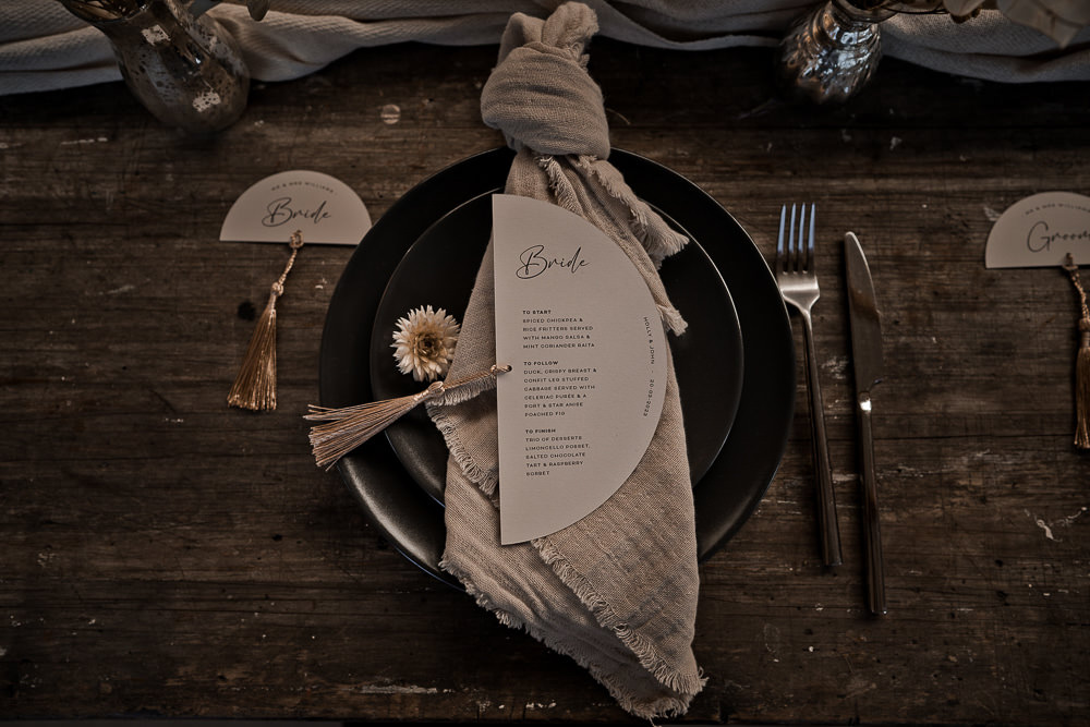 Place Setting Black Plate Blush Napkin Menu Waterside Country Barn Wedding Agrestal Visuals
