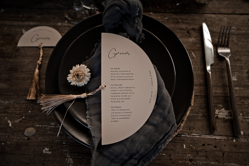 Place Setting Black Plate Blush Napkin Menu Waterside Country Barn Wedding Agrestal Visuals