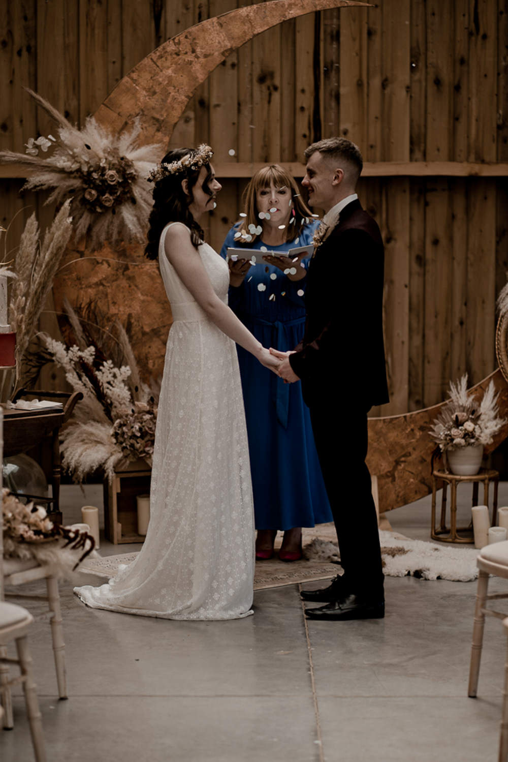 Moon Crescent Backdrop Ceremony Decor Waterside Country Barn Wedding Agrestal Visuals