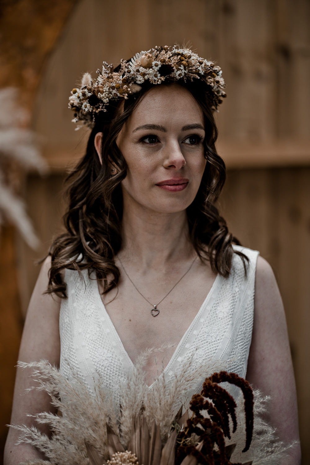 Bride Bridal Dried Flower Crown Waterside Country Barn Wedding Agrestal Visuals