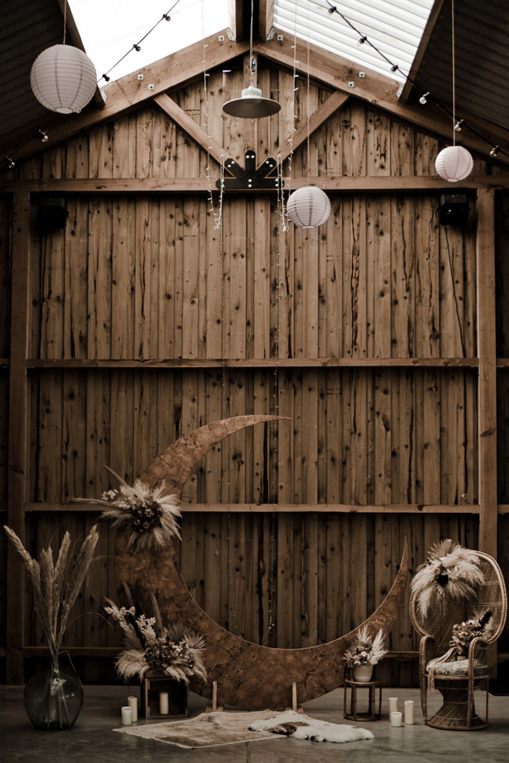 Moon Crescent Backdrop Ceremony Decor Waterside Country Barn Wedding Agrestal Visuals