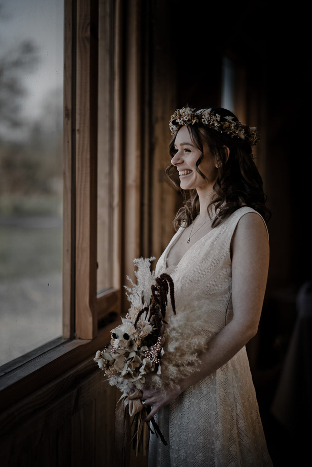 Dress Gown Bride Bridal Lace Waterside Country Barn Wedding Agrestal Visuals