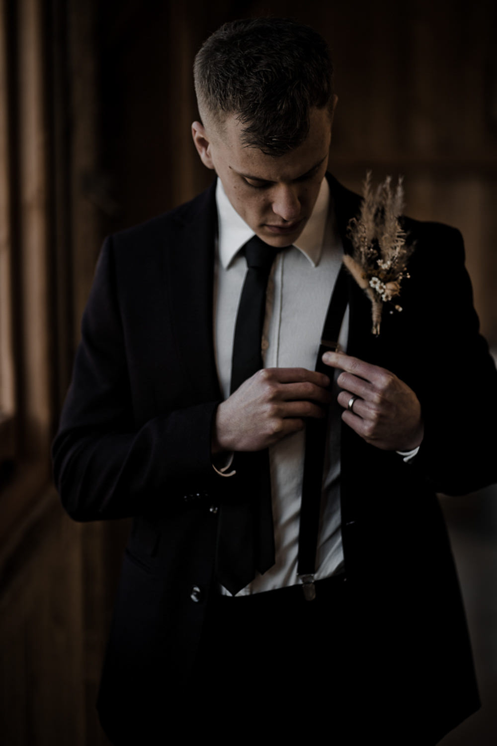 Groom Suit Black Braces Tie Waterside Country Barn Wedding Agrestal Visuals