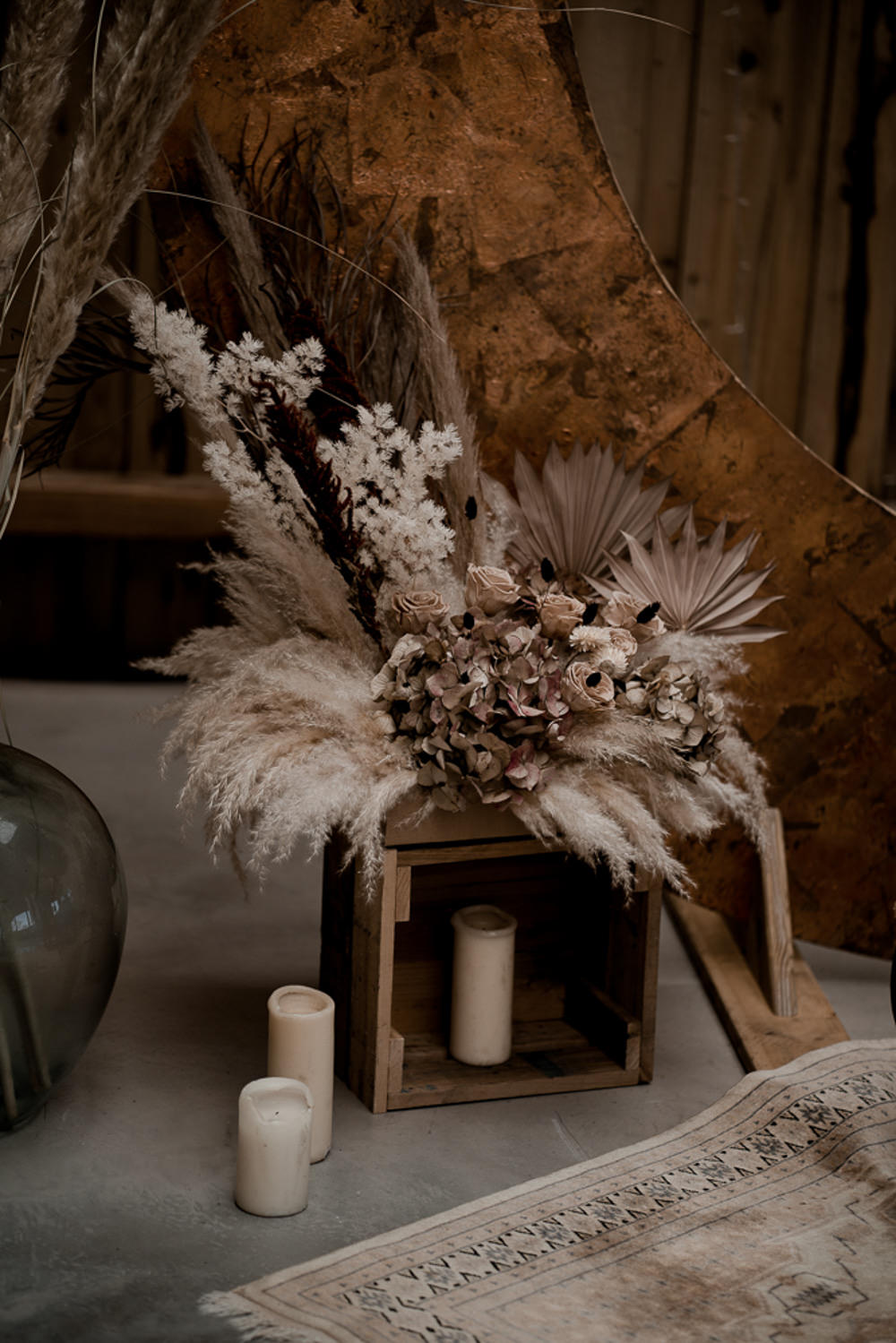 Wooden Crate Candles Flower Arrangement Pampas Palm Waterside Country Barn Wedding Agrestal Visuals
