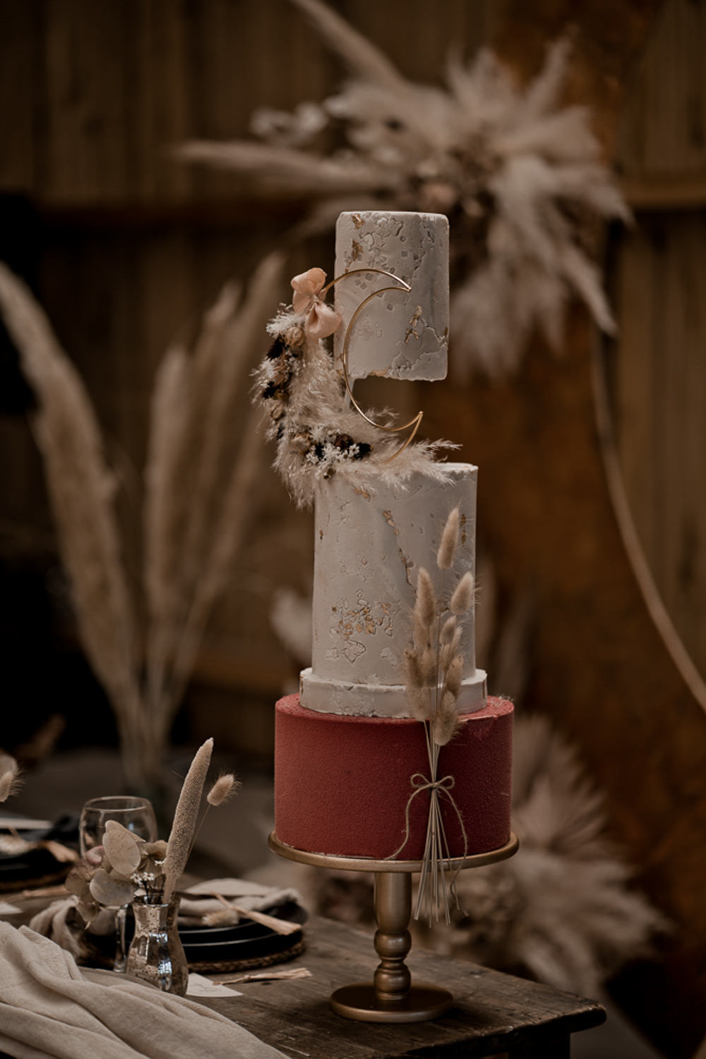 Cake Moon Decor Pampas Grass Terracotta Waterside Country Barn Wedding Agrestal Visuals