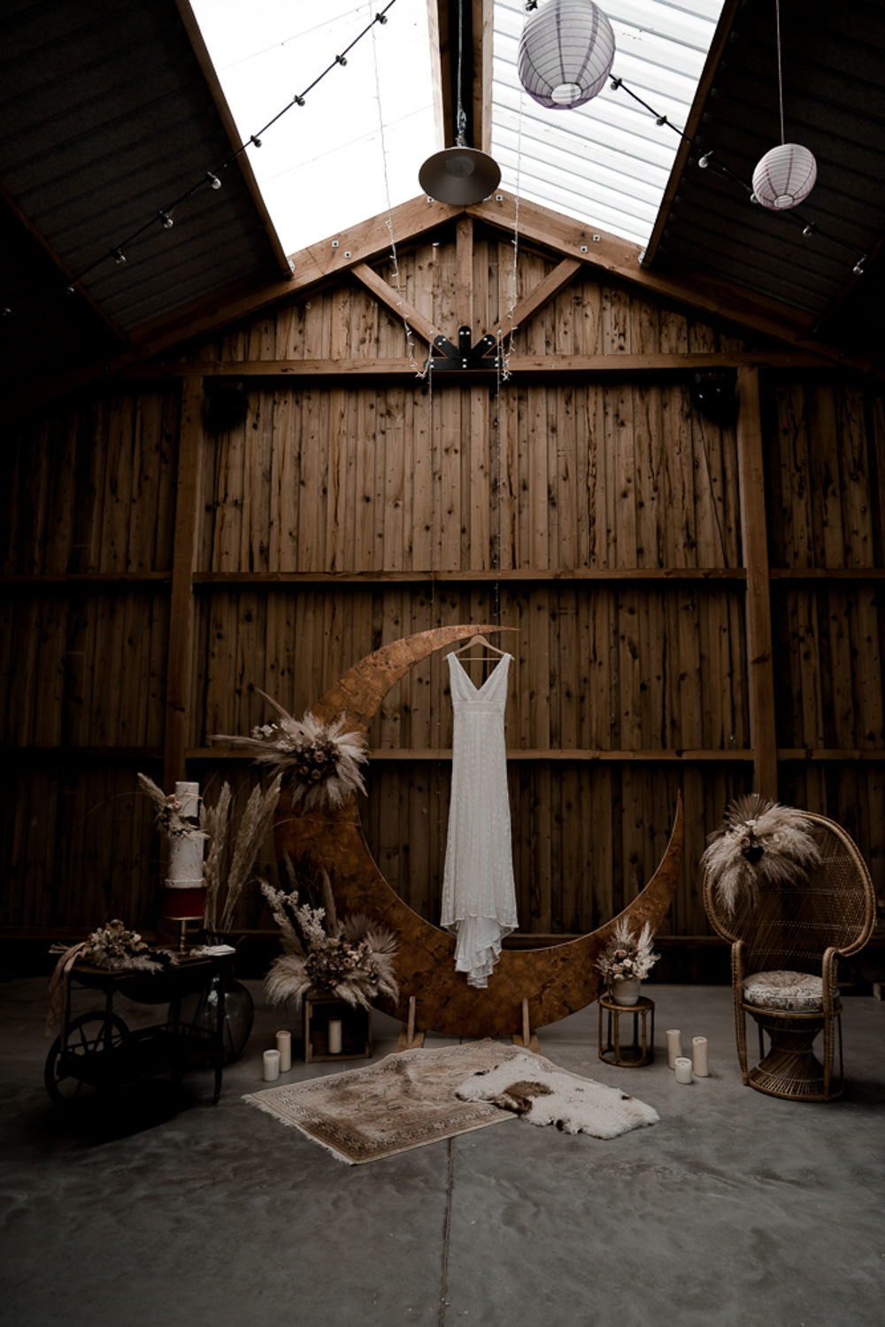 Moon Crescent Backdrop Ceremony Decor Waterside Country Barn Wedding Agrestal Visuals