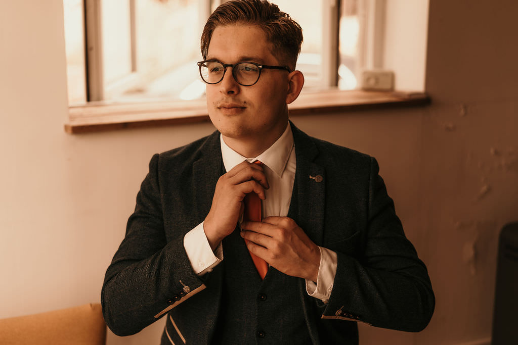 Groom Blue Suits Gold Tie Groomsmen Beer Garden Wedding Photos By Hash