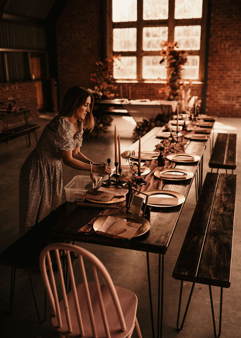 Barn Reception Long Wooden Tables Candles Pink Runner Decor Beer Garden Wedding Photos By Hash