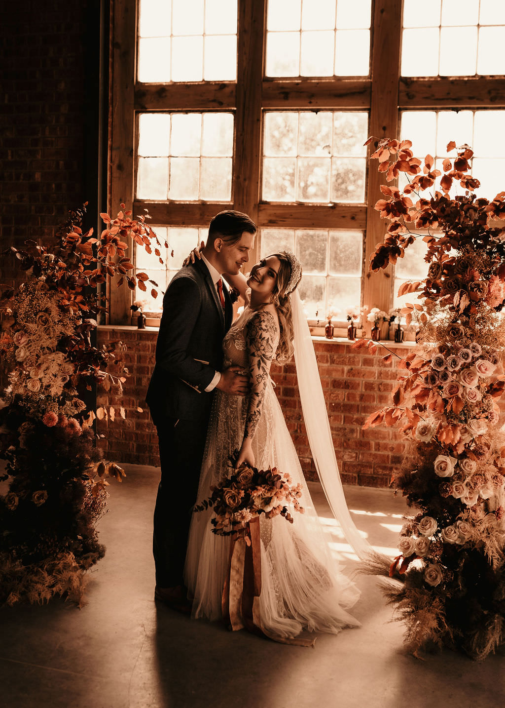Flower Installation Backdrop Rust Orange Pampas Grass Beer Garden Wedding Photos By Hash