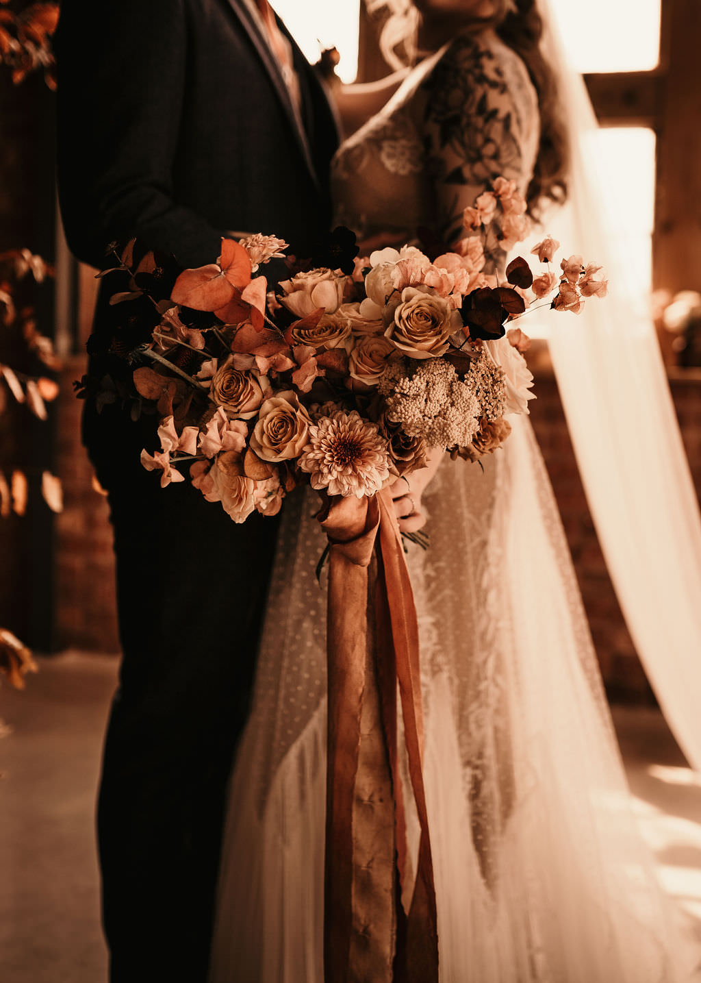 Bouquet Flowers Bride Bridal Rust Orange Rose Foliage Ribbon Beer Garden Wedding Photos By Hash
