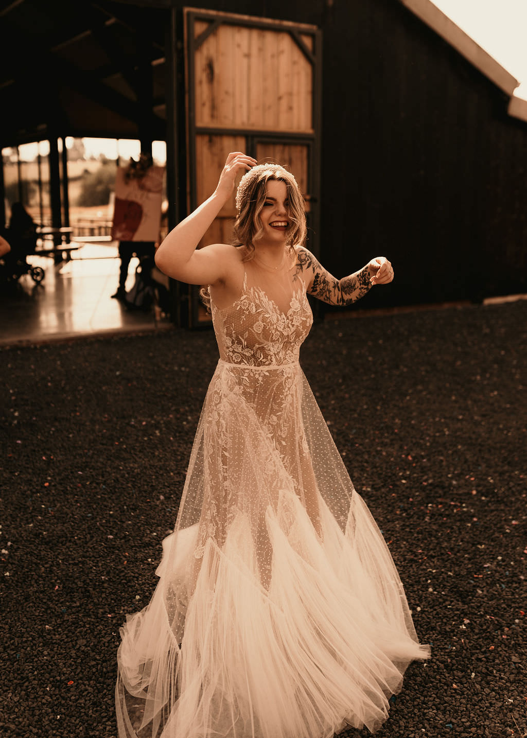Dress Gown Bride Bridal Lace Tulle Sheer Beer Garden Wedding Photos By Hash