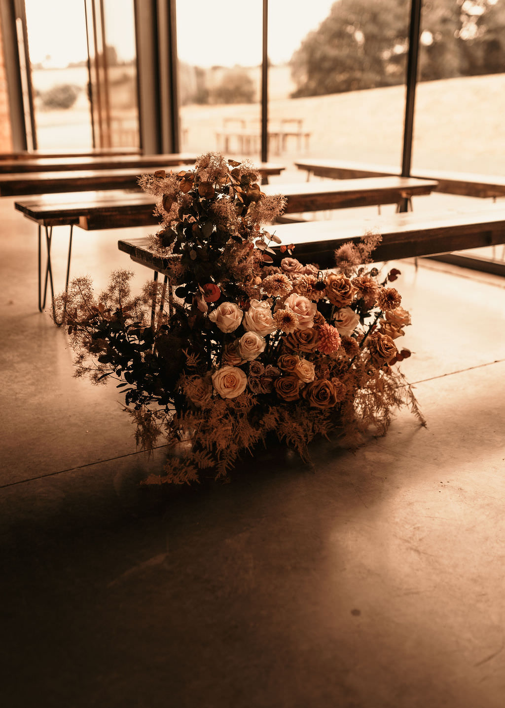 Flower Arrangement Rose Toffee Orange Beer Garden Wedding Photos By Hash