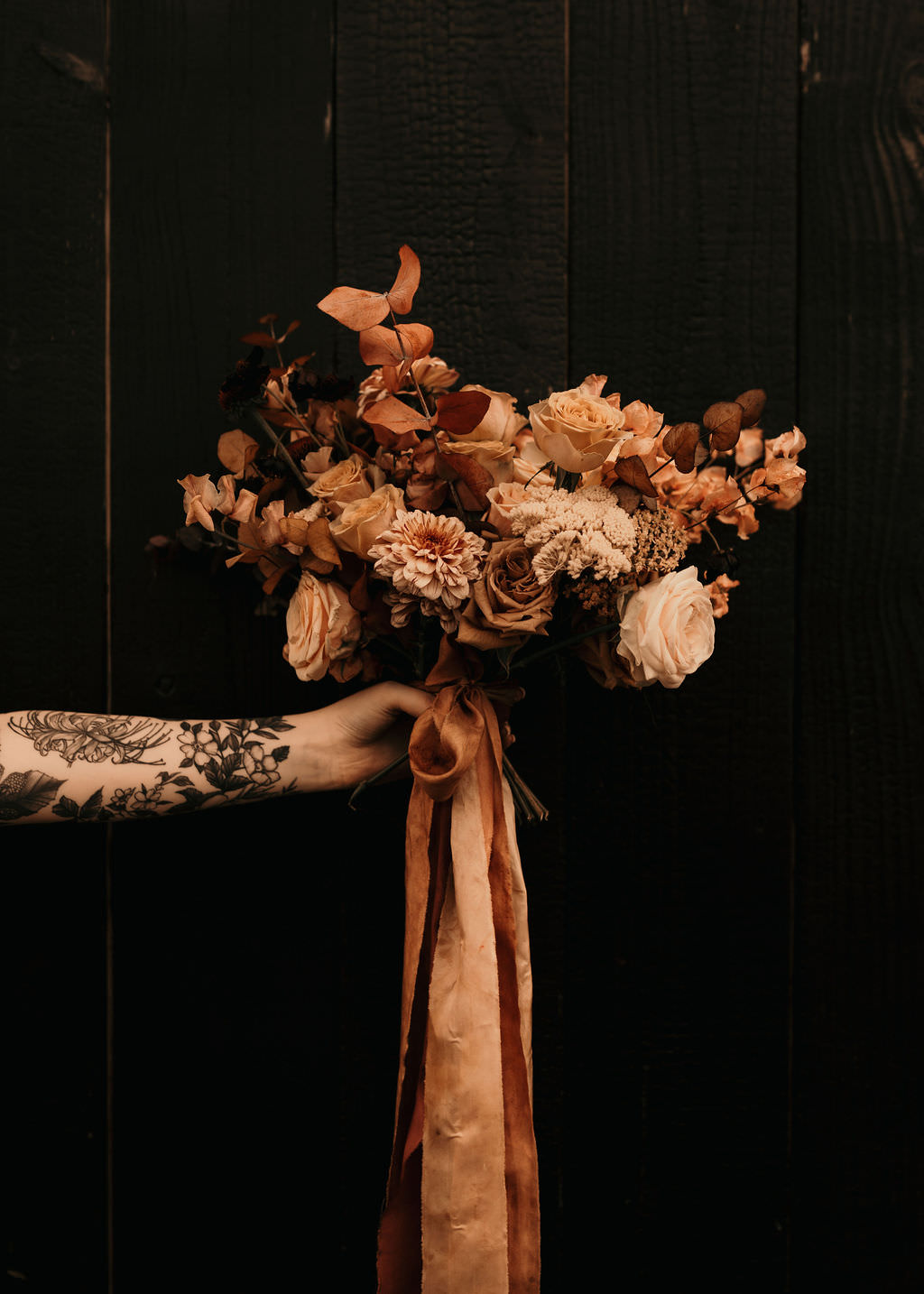 Bouquet Flowers Bride Bridal Rust Orange Rose Foliage Ribbon Beer Garden Wedding Photos By Hash