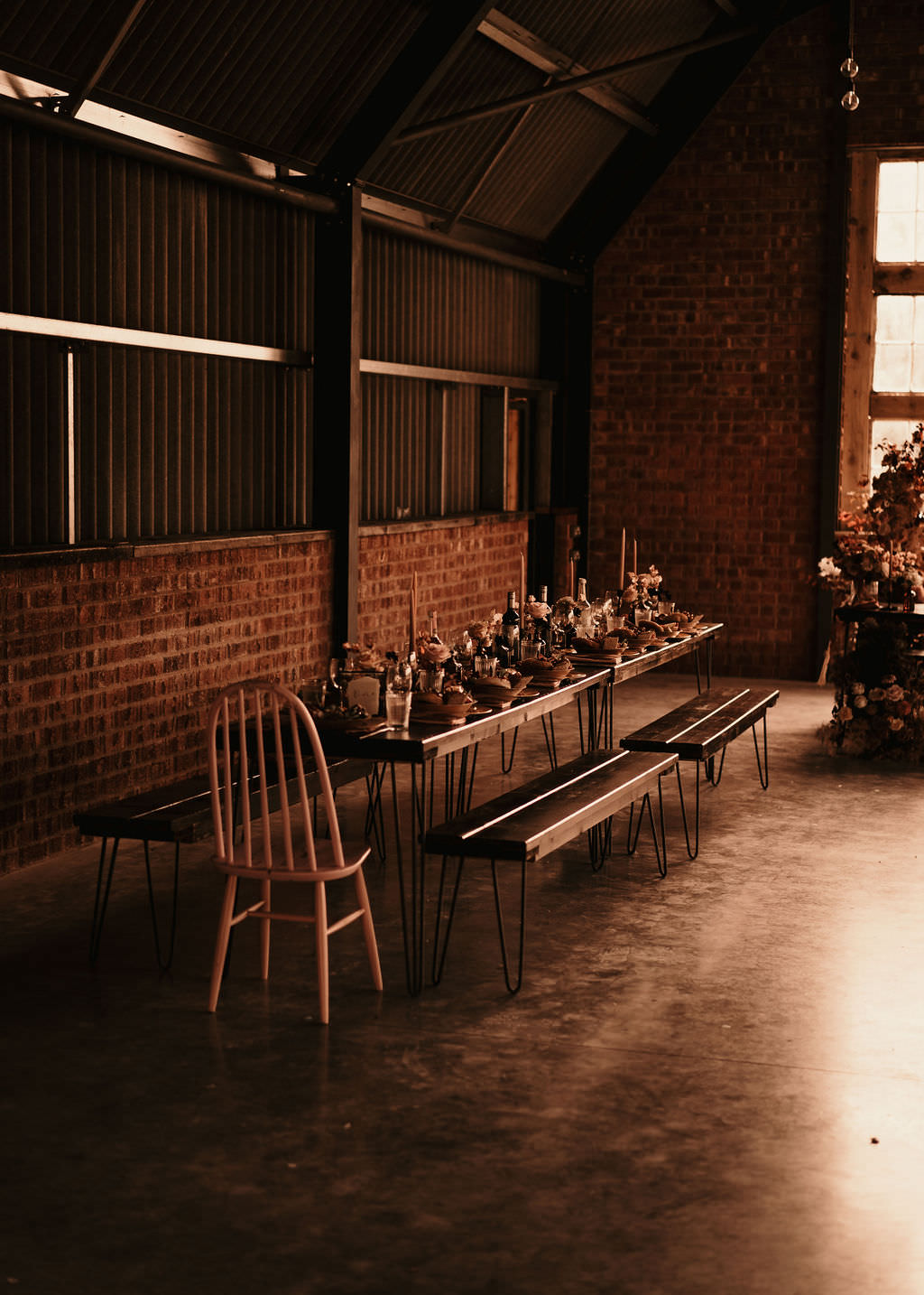 Barn Reception Long Wooden Tables Candles Pink Runner Decor Beer Garden Wedding Photos By Hash