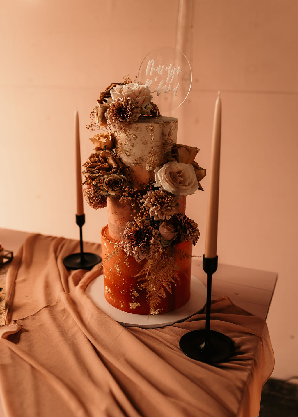 Orange Rust Pink Gold Leaf Cake Flowers Topper Beer Garden Wedding Photos By Hash