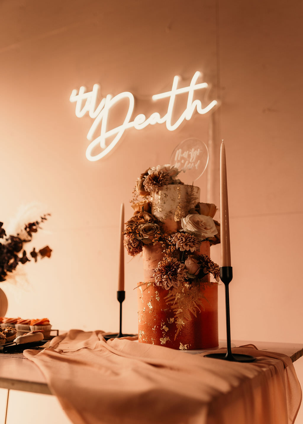 Orange Rust Pink Gold Leaf Cake Flowers Topper Neon Sign Beer Garden Wedding Photos By Hash
