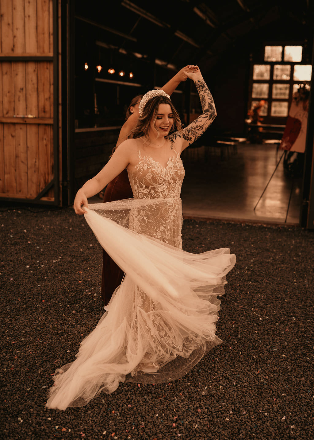 Dress Gown Bride Bridal Lace Tulle Sheer Beer Garden Wedding Photos by Hash
