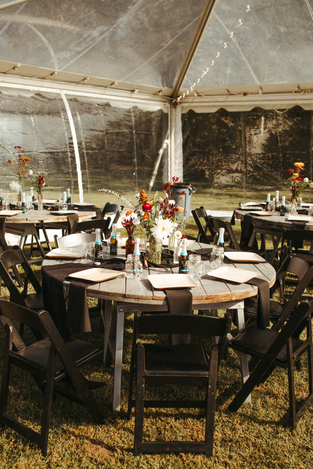 Round Tables Wooden Colourful Autumn Flowers Black Floral Wedding Kasey Powell