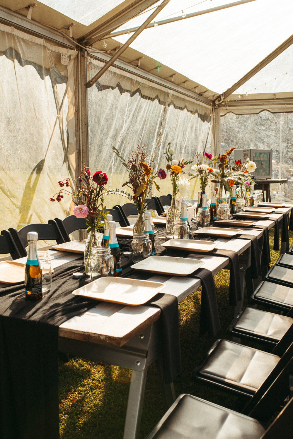 Clear Span Marquee Wooden Tables Decor Flowers Black Floral Wedding Kasey Powell