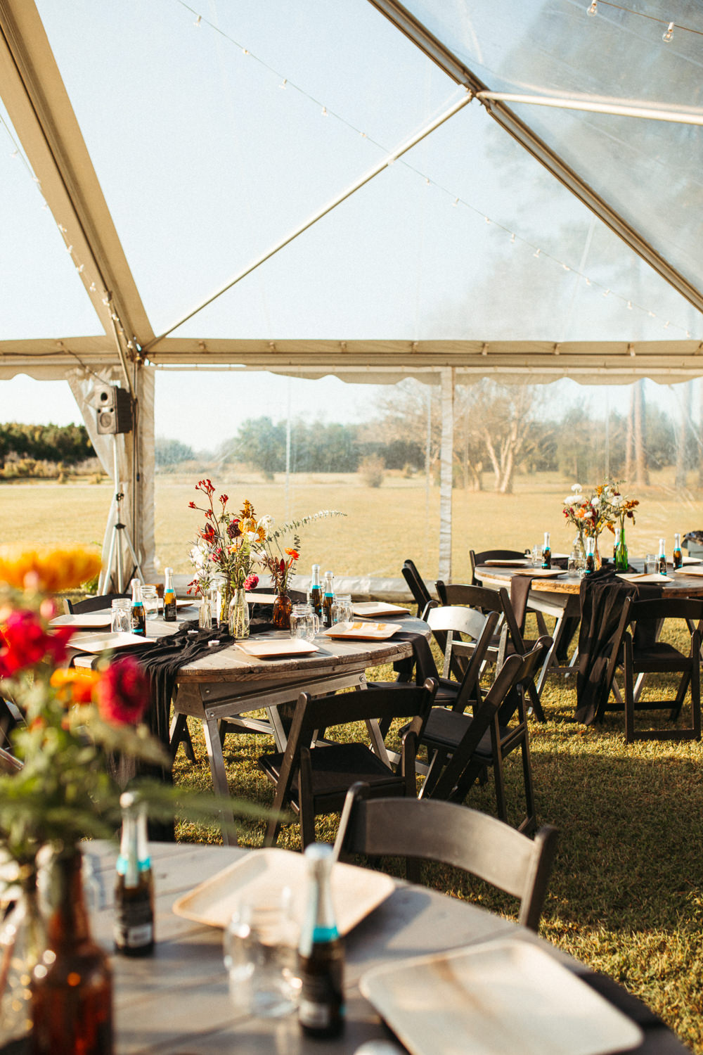 Clear Span Marquee Wooden Tables Decor Flowers Black Floral Wedding Kasey Powell