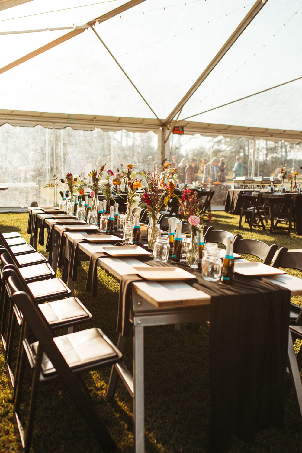 Clear Span Marquee Wooden Tables Decor Flowers Black Floral Wedding Kasey Powell