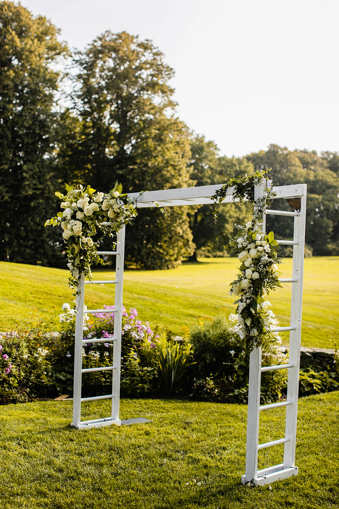 Wooden Flower Arch Ceremony Blithewold Mansion Wedding M.Studios
