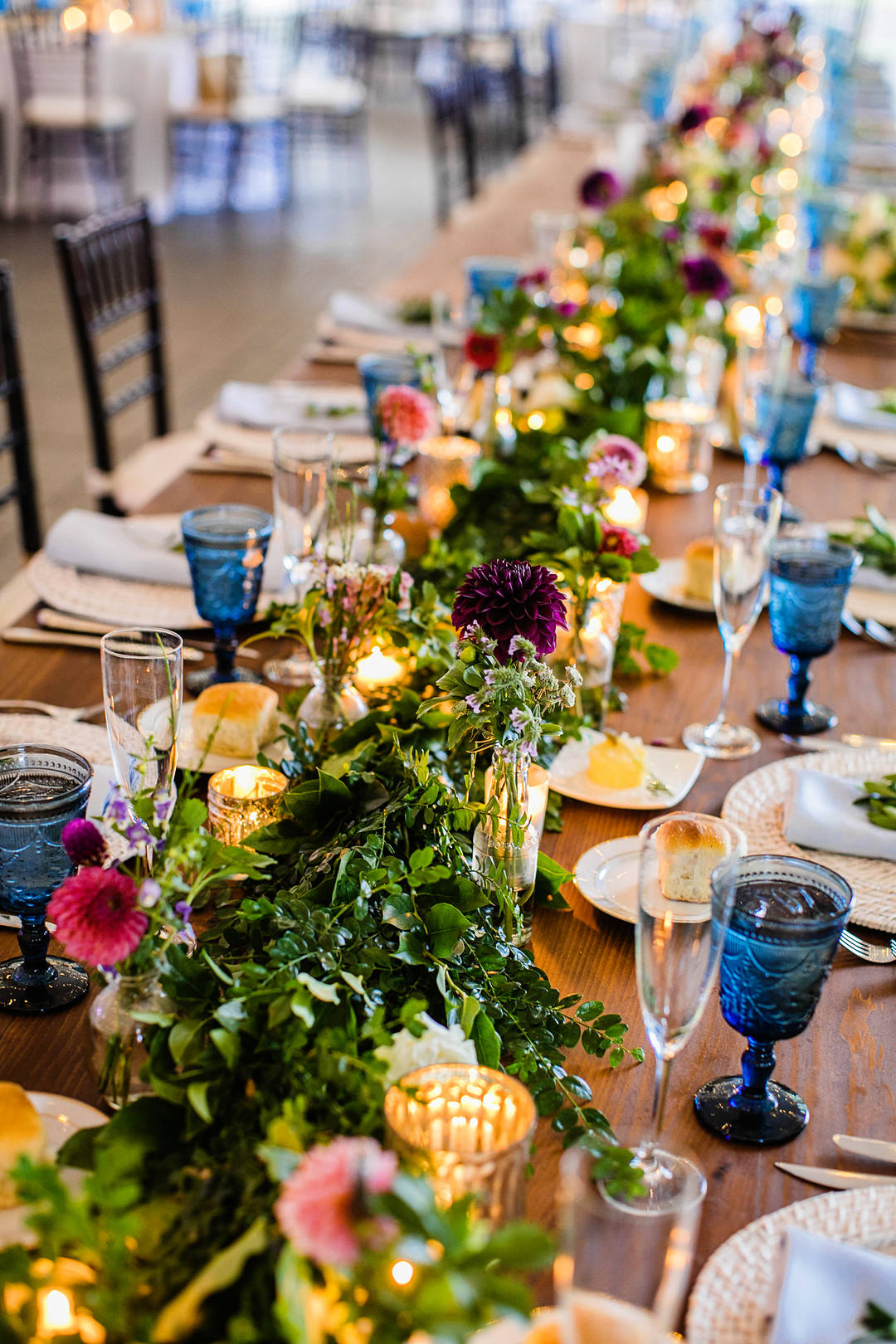 Table Flower Garland Greenery Dahlia Candles Blue Glasses Decor Blithewold Mansion Wedding M.Studios