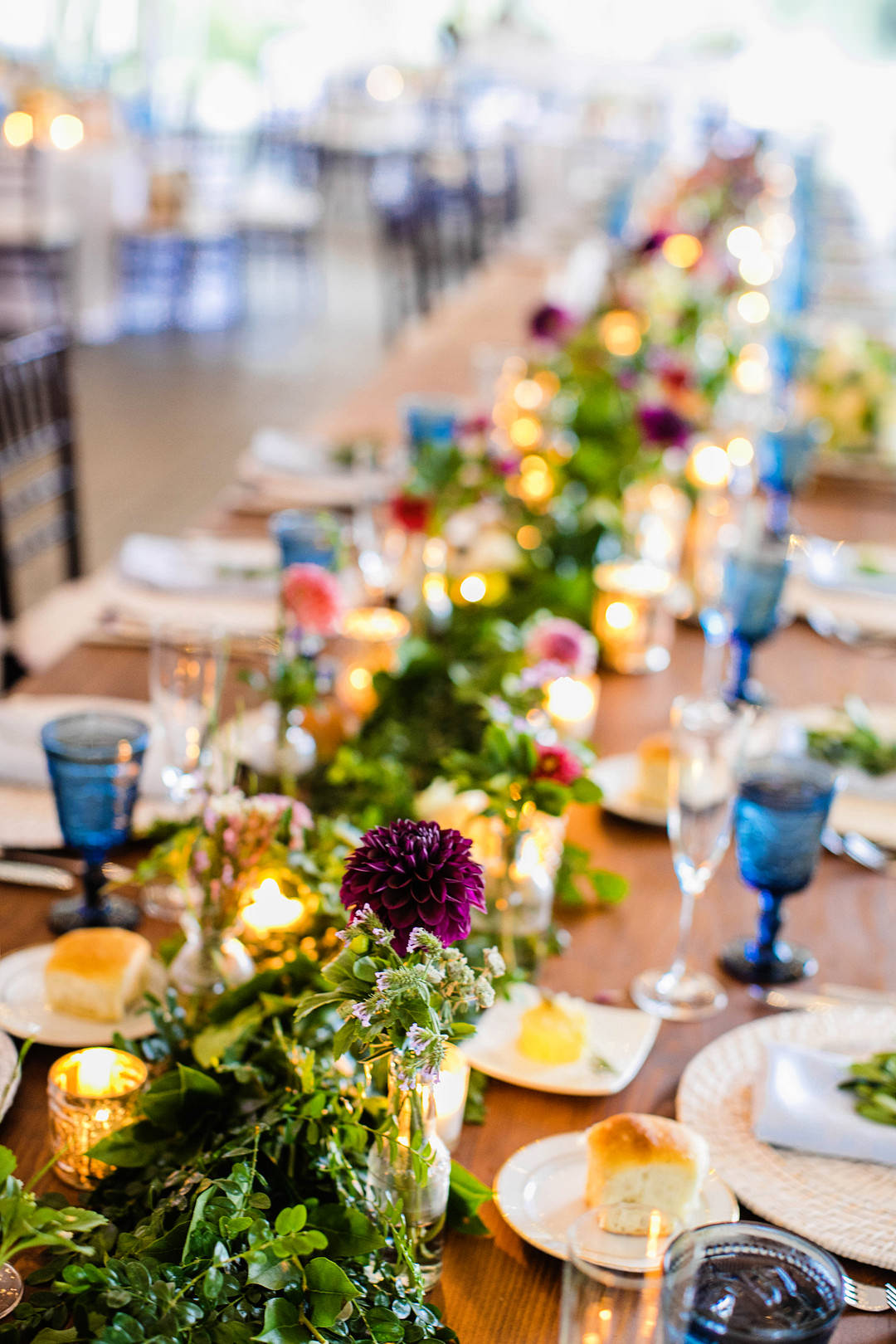 Table Flower Garland Greenery Dahlia Candles Blue Glasses Decor Blithewold Mansion Wedding M.Studios