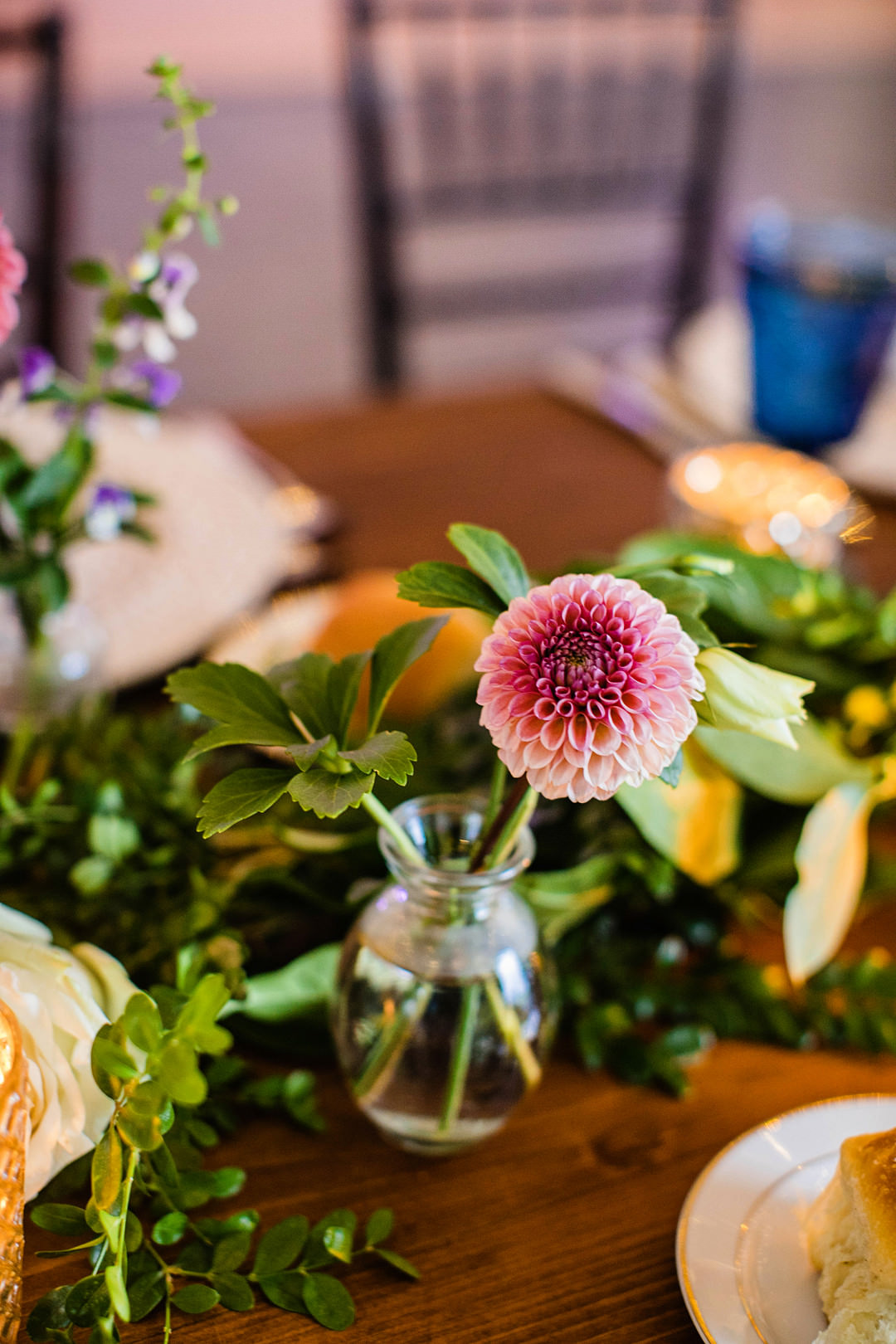 Table Flower Garland Greenery Dahlia Candles Blue Glasses Decor Blithewold Mansion Wedding M.Studios