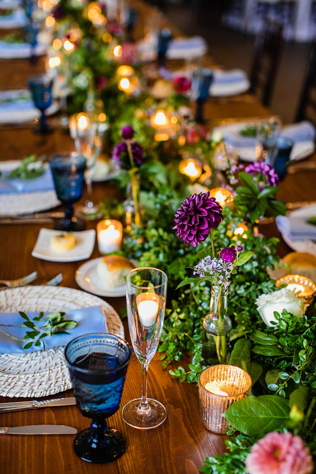 Table Flower Garland Greenery Dahlia Candles Blue Glasses Decor Blithewold Mansion Wedding M.Studios